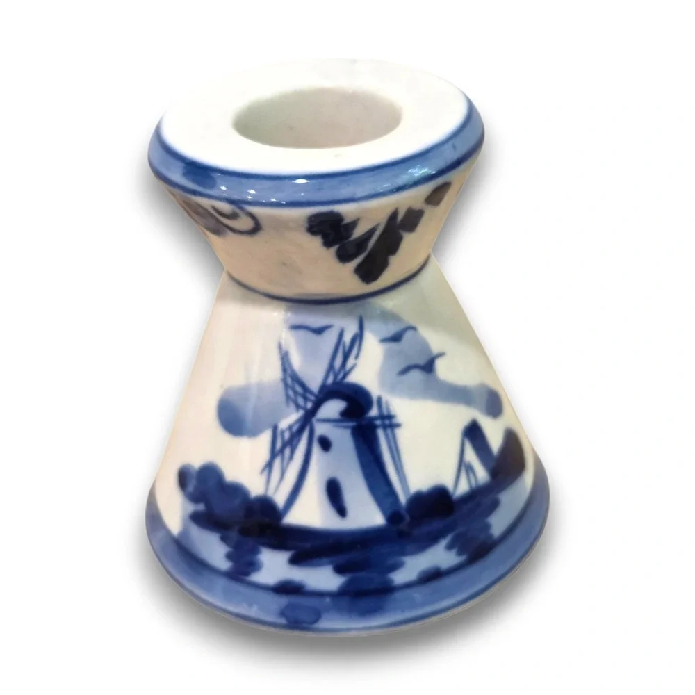 Vintage Delft Blue Holland Windmill Hand Painted Ceramic Taper Candle Holder 3''